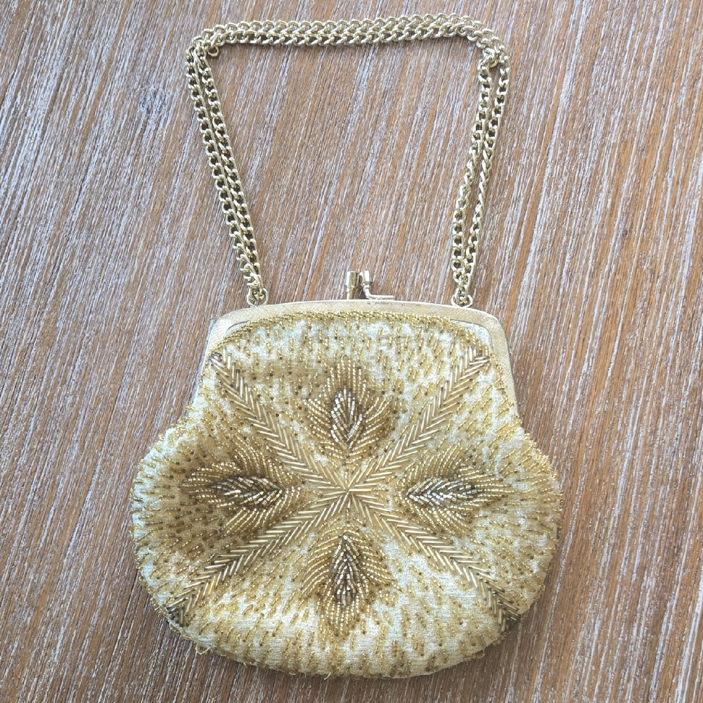 Gold Beaded Evening Bag Vintage Made In Hong Kong